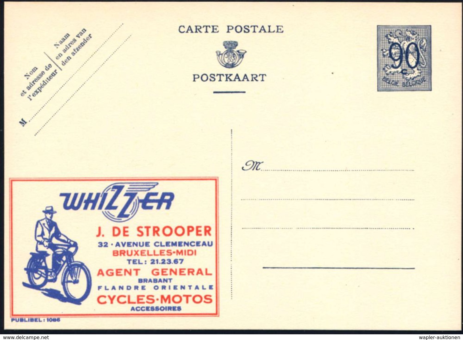 BELGIEN 1951 90 C. Reklame-P Löwe, Blau: WHIZZER..CYCLES-MOTOS = Mofa (u. Firmen-Logo) Ungebr. (Mi.P 273 I / 1086) - Wal - Motorräder