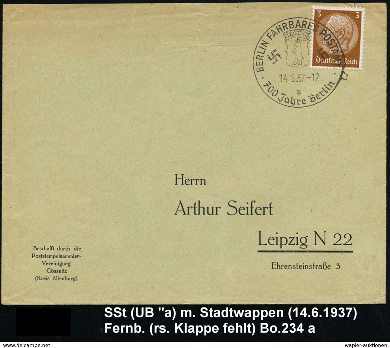 BERLIN FAHRBARES POSTAMT/ A/ 700 Jahre Berlin 1937 (14.8.) SSt (Stadtwappen, 2 Hakenkreuze) Inl.-Brief (rs. Klappe Fehlt - Automobili