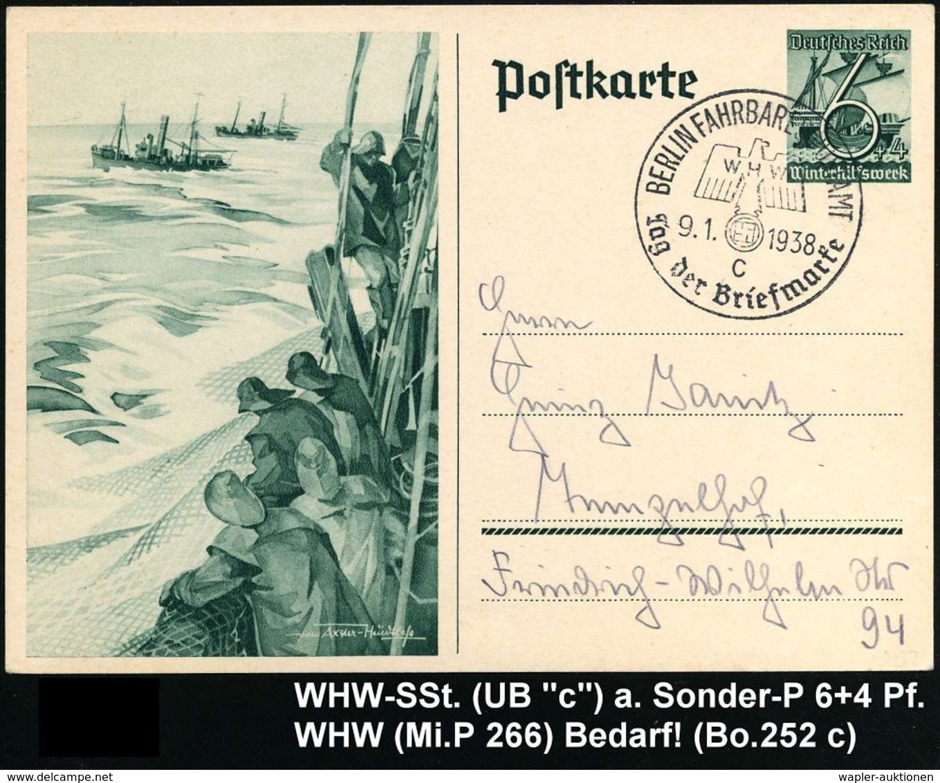 BERLIN FAHRBARES POSTAMT/ WHW/ C/ Tag Der Briefmarke 1938 (9.1.) SSt (WHW-Logo) Auf Sonder-P 6 + 4 Pf. WHW Fischfang (Mi - Coches