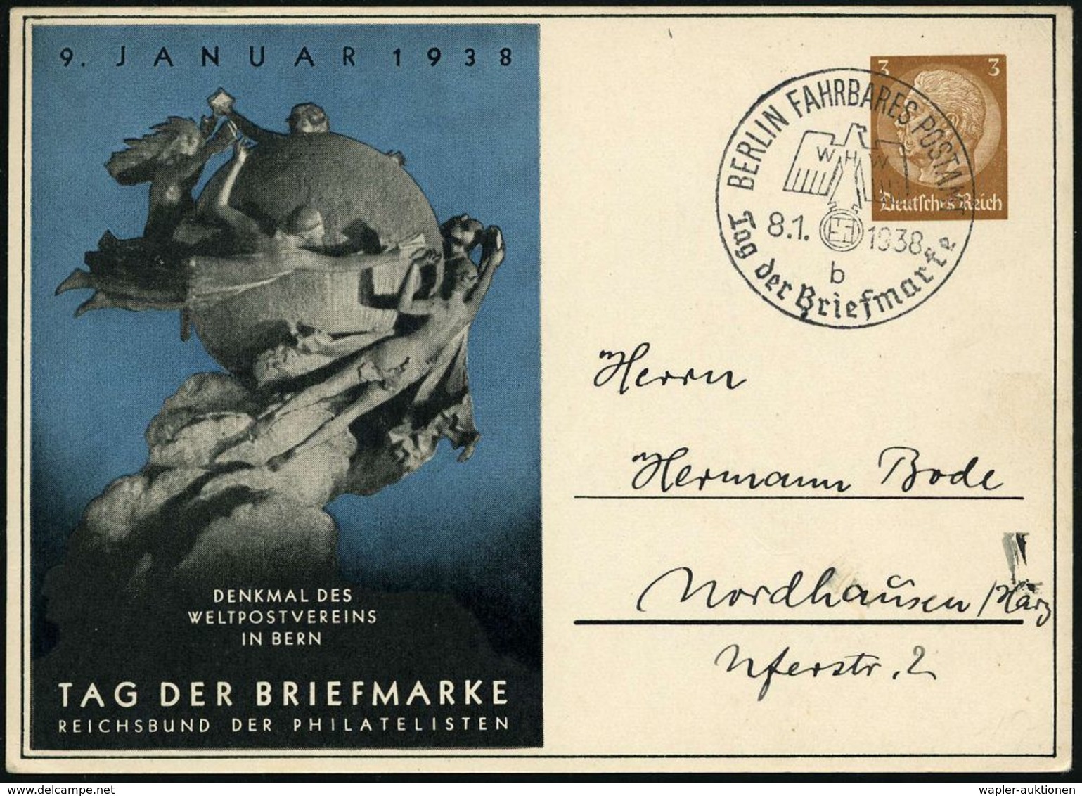 BERLIN FAHRBARES POSTAMT/ WHW/ B/ Tag Der Briefmarke 1938 (9.1.) SSt Auf  PP 3 Pf. Hindenbg., Braun: TAG DER BRIEFMARKE  - Coches