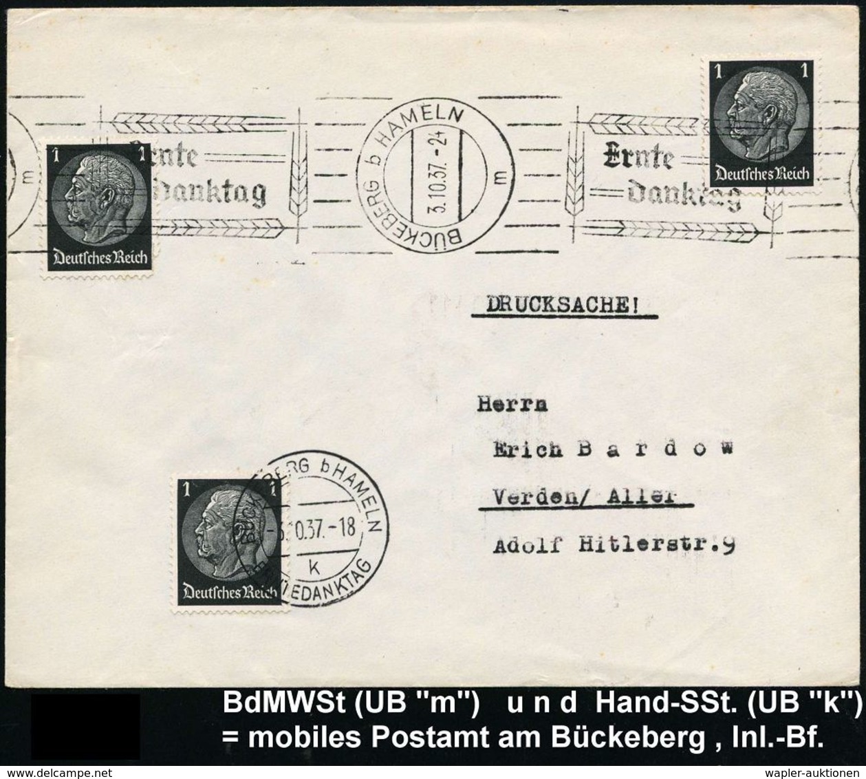 BÜCKEBERG B HAMELN/ M/ Ernte/ Danktag 1937 (3.10.) RoWSt + 2K-SSt.: BÜCKEBERG B HAMELN/k/ERNTEDANKTAG = Mobiles P.A. , Z - Voitures