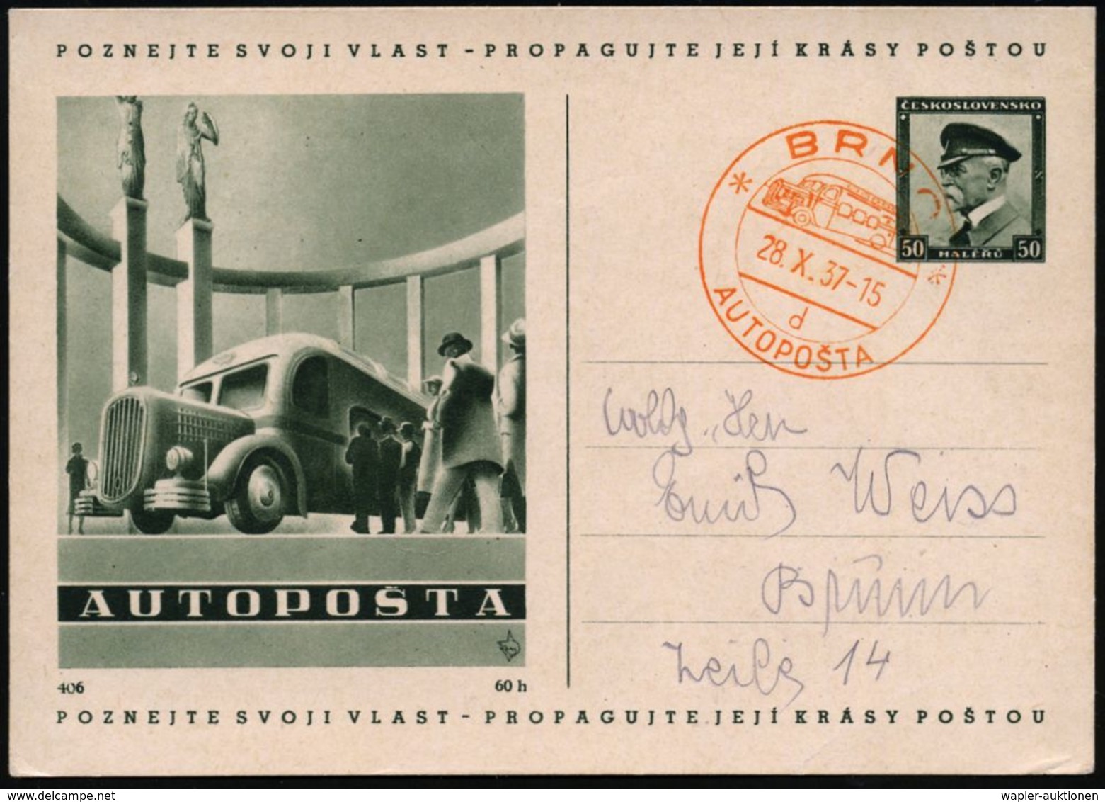 TSCHECHOSLOWAKEI 1937 (28.10.) Orange SSt.: BRNO/d/AUTOPOSTA (= Mobiles PA) Motivgleiche BiP 50 H. Masaryk, Grün: AUTOPO - Coches
