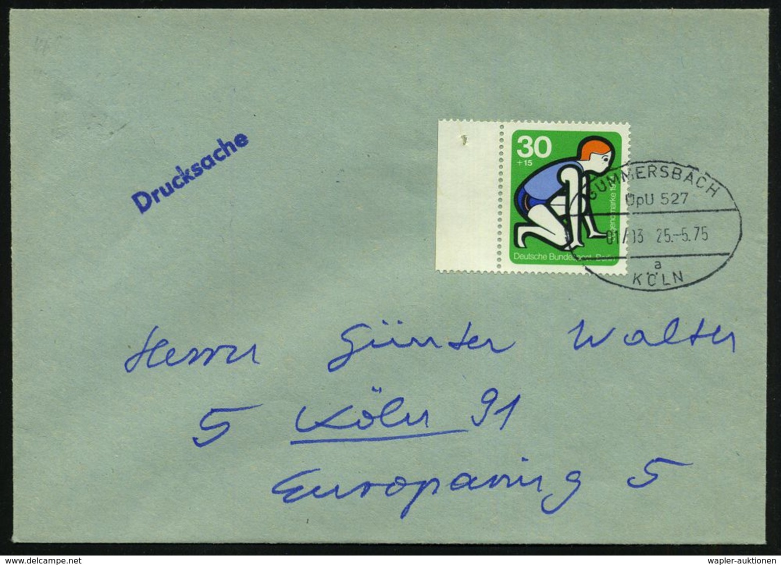 GUMMERSBACH/ ÜpU 527/ 01/ 03/ A/ KÖLN 1975 (25.5.) Oval-Steg , Klar Gest. Inl.-Brief (Mi.469) - Martin Luther & Reformat - Voitures