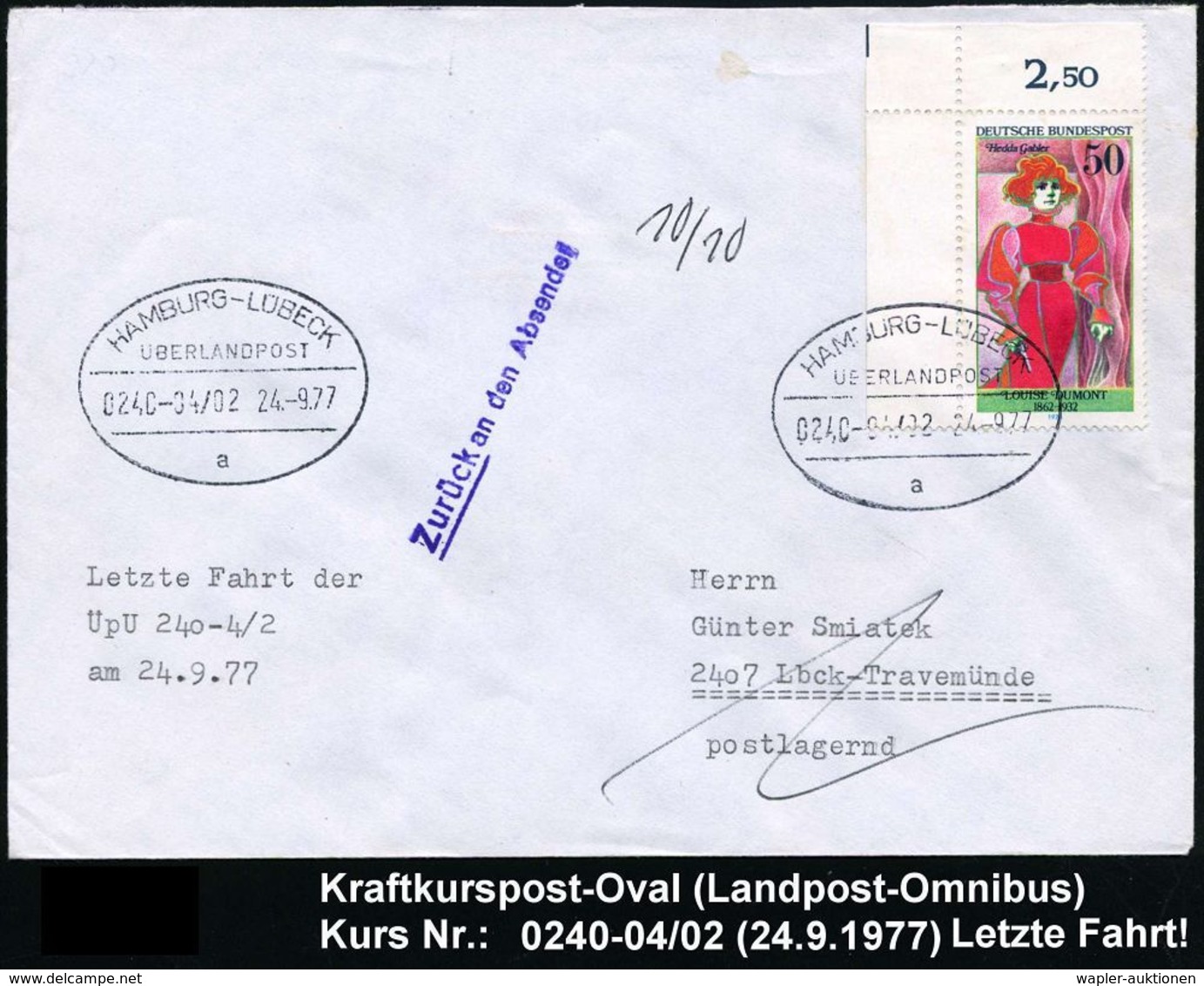 HAMBURG-LÜBECK/ ÜBERLANDPOST/ 0240-04-02/ A 1977 (24.9.) Oval-St. , 2x Klar Auf Inl.-Retour-Brief N. Lübeck, Rs. Weitere - Voitures