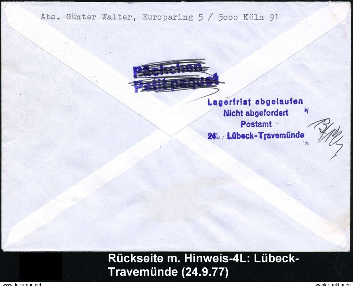 HAMBURG-LÜBECK/ ÜBERLANDPOST/ 0240-04-02/ A 1977 (24.9.) Oval-St. , 2x Klar Auf Inl.-Retour-Brief N. Lübeck, Rs. Weitere - Voitures