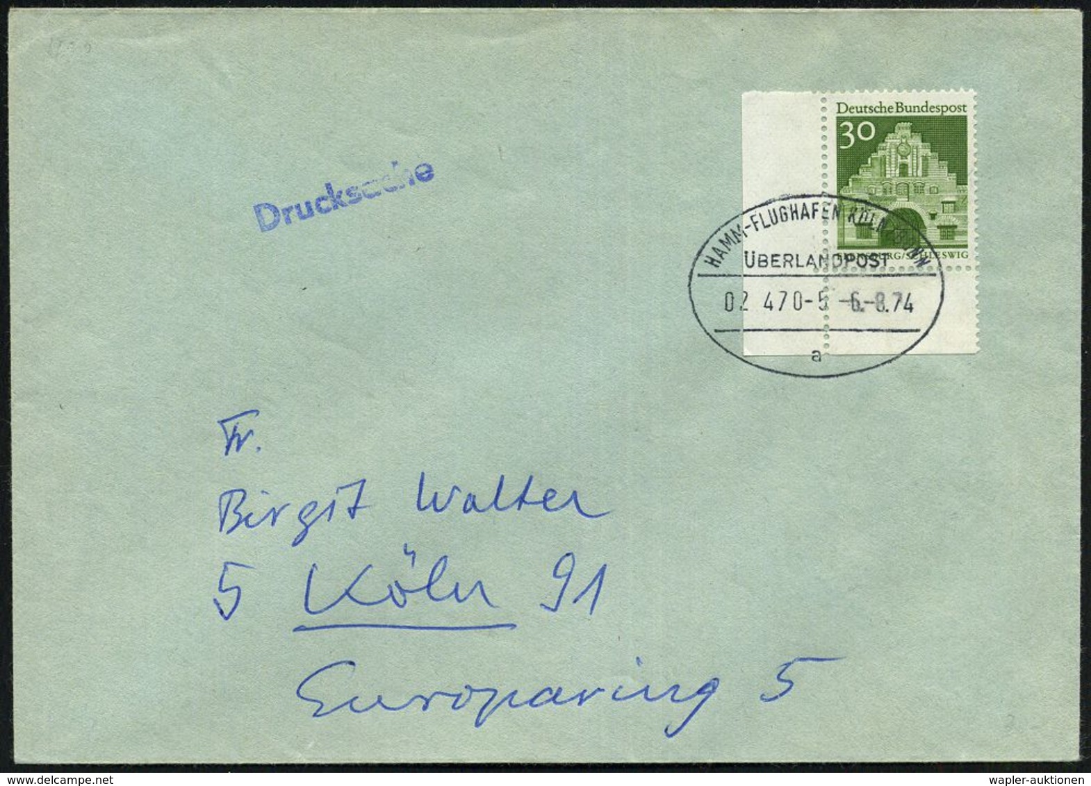 HAMM - FLUGHAFEN KÖLN-BONN/ ÜBERLANDPOST/ 02 470-5/ A 1974 (6.8.) Oval-St. Klar Auf Inl.-Brief (Mi.492 Eckrand) - Martin - Coches