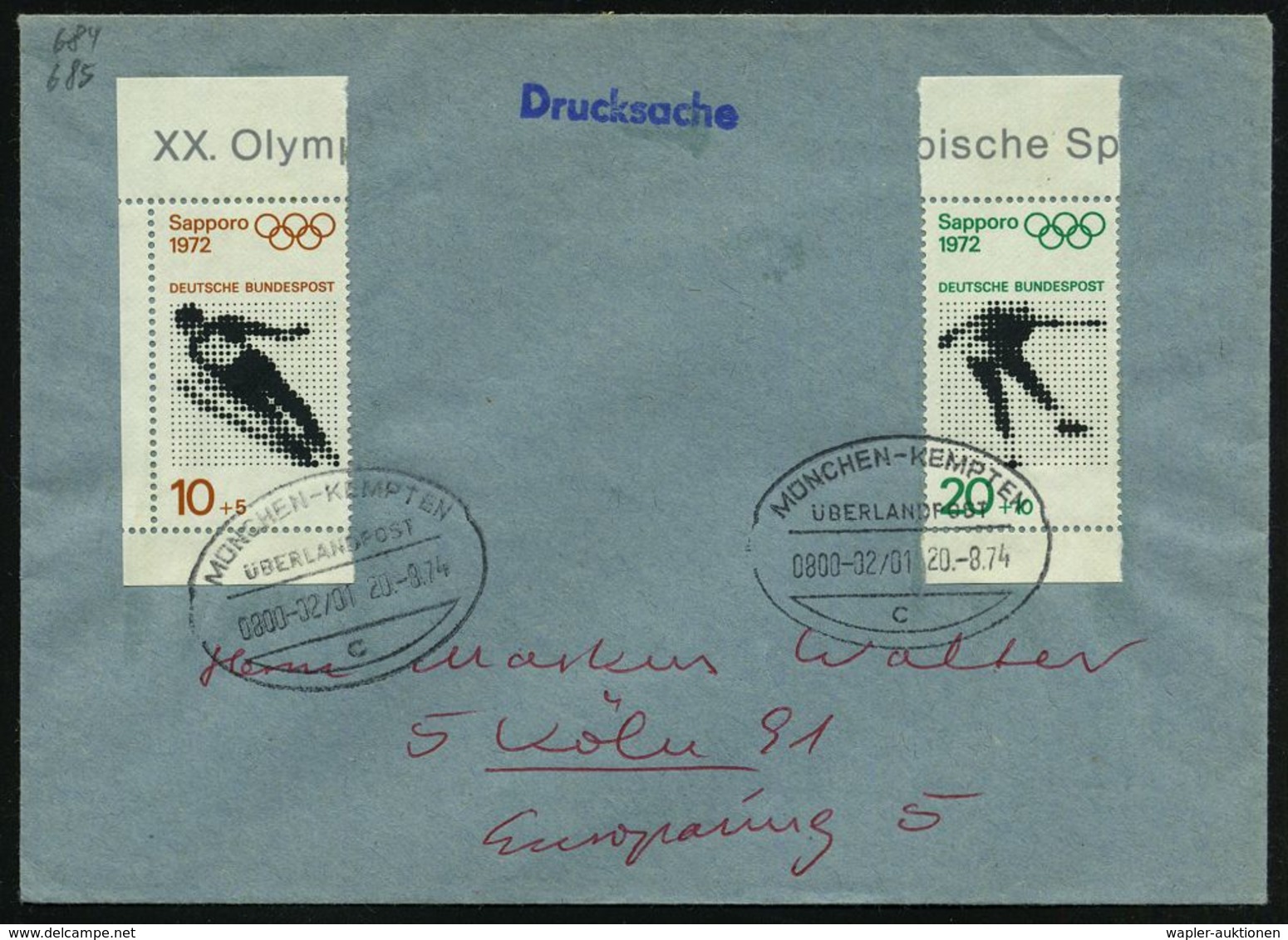 MÜNCHEN-KEMPTEN/ ÜBERLANDPOST/ 0800-02-01/ C 1974 (20.8.) Oval-Steg , Klar Gest. Inl.-Brief (Mi.684/85) - Martin Luther  - Voitures