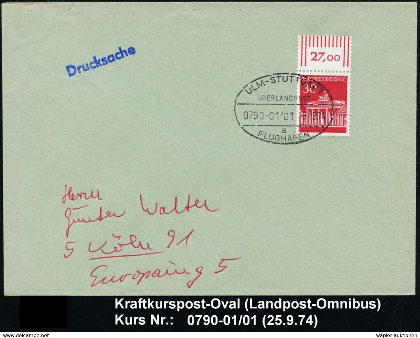 ULM-STUTTGART/ ÜBERLANDPOST/ 0790-01/ 01/ A/ FLUGHAFEN 1974 (25.9.) Oval-St. Klar Auf Inl.-Brief (Mi.508 Rand) - Martin  - Voitures