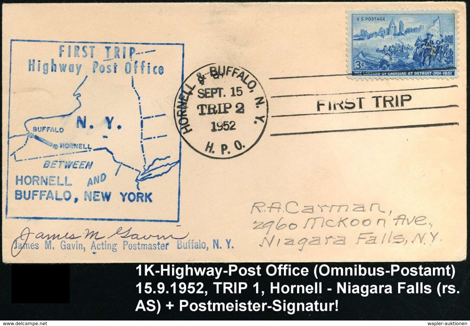U.S.A. 1952 (15.9.) FaWSt: HORNELL & BUFFALO, N.Y./TRIP 2/H.P.O./FIRST TRIP = Highway Post Office + Blauer Strecken-HdN  - Autos