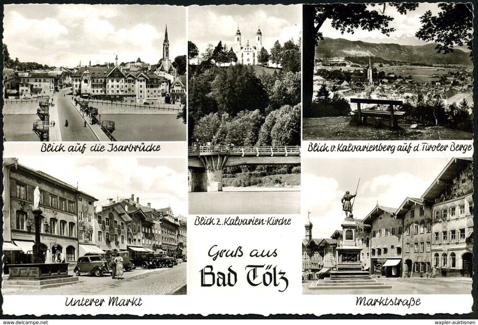 (13b) BAD TÖLZ 1/ Aa/ 50 JAHRE KRAFTPOST 1956 (11.6.) Seltener MWSt, Text Rechts (Lorbeer) Auf S/w.-Foto-Ak. (5 Ansichte - Voitures