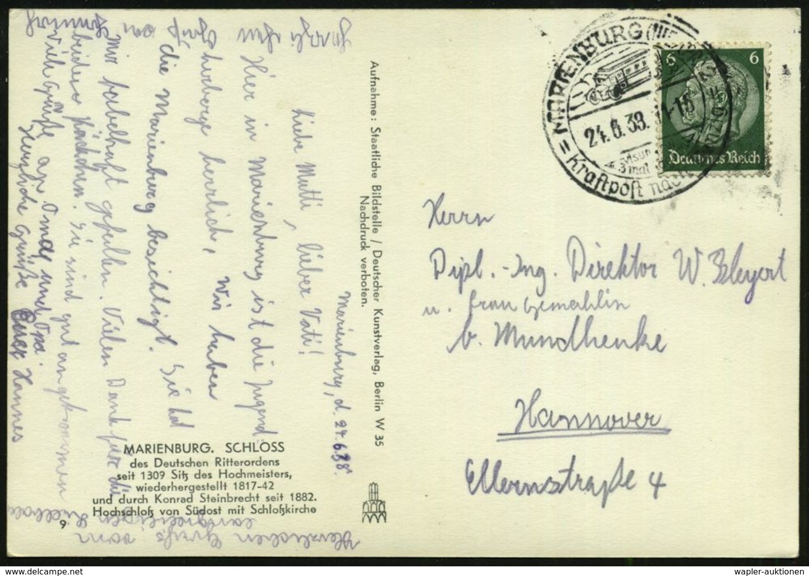 MARIENBURG(WESTPR) 2/ Visumfrei/ 3 Mal Tägl./ Kraftpost Nach Danzig 1938 (21.6.) HWSt = Kraftpost-Omnibus , Klar Gest. S - Voitures
