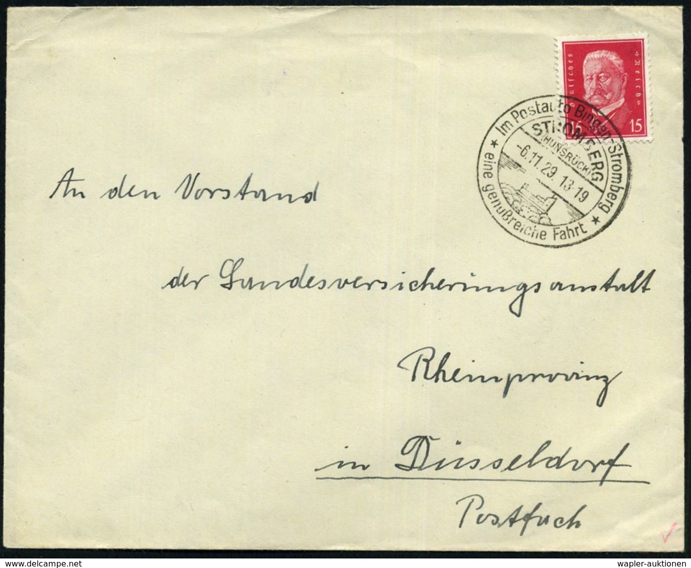 STROMBERG/ (HUNSRÜCK)/ Im Postauto Bingen-Stromberg.. 1929 (6.11.) HWSt (Burgruine) Rs. Viol. Abs.-2L: Kinder-Genesungss - Voitures