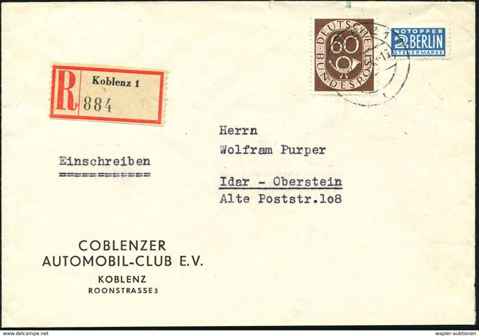 Koblenz 1954 (13.5.) Vordr.-Bf.: COBLENZER AUTOMOBIL-CLUB E.V. , EF 60 Pf. Posthorn + RZ: Koblenz 1, Inl.-R-Brief  (Mi.1 - Coches