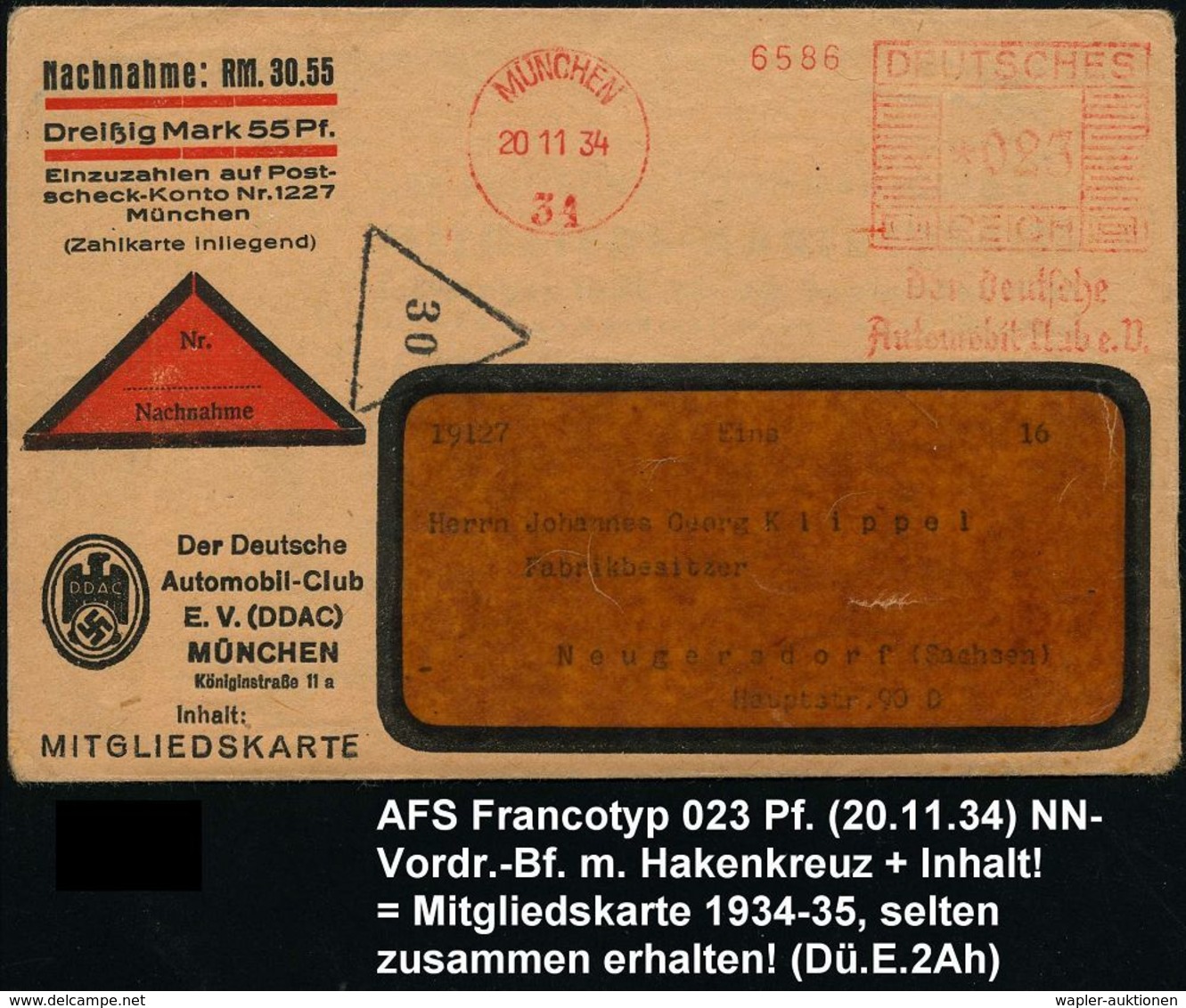 MÜNCHEN/ 34/ Der Deutsche/ Automobil-Club EV. 1934 (20.11.) AFS 023 Pf. Auf NN-Vordr-Bf: DDAC (mit Hakenkreuz) + Inhalt: - Autos