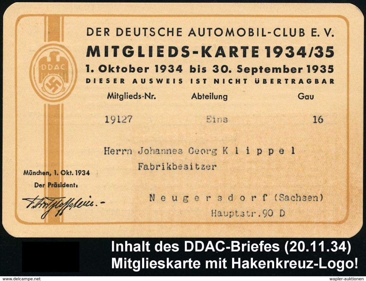 MÜNCHEN/ 34/ Der Deutsche/ Automobil-Club EV. 1934 (20.11.) AFS 023 Pf. Auf NN-Vordr-Bf: DDAC (mit Hakenkreuz) + Inhalt: - Voitures