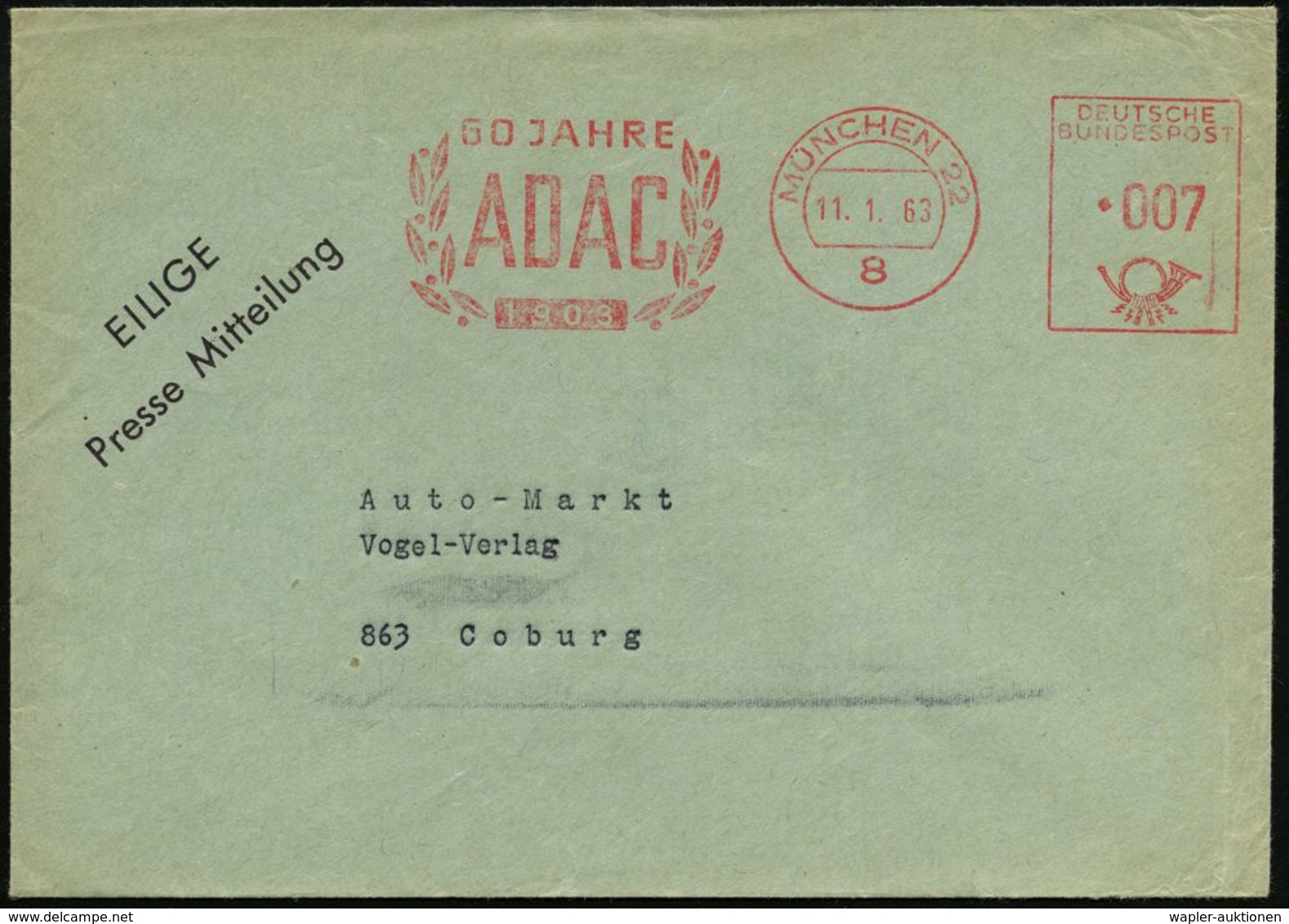 8 MÜNCHEN 22/ 60 JAHRE/ ADAC/ 1903 1963 (11.1) Jubil.-AFS (Lorbeer) Rs. Abs.-Vordr. (ADAC-Logo) Inl.-Brief (Dü.E-26) - M - Voitures