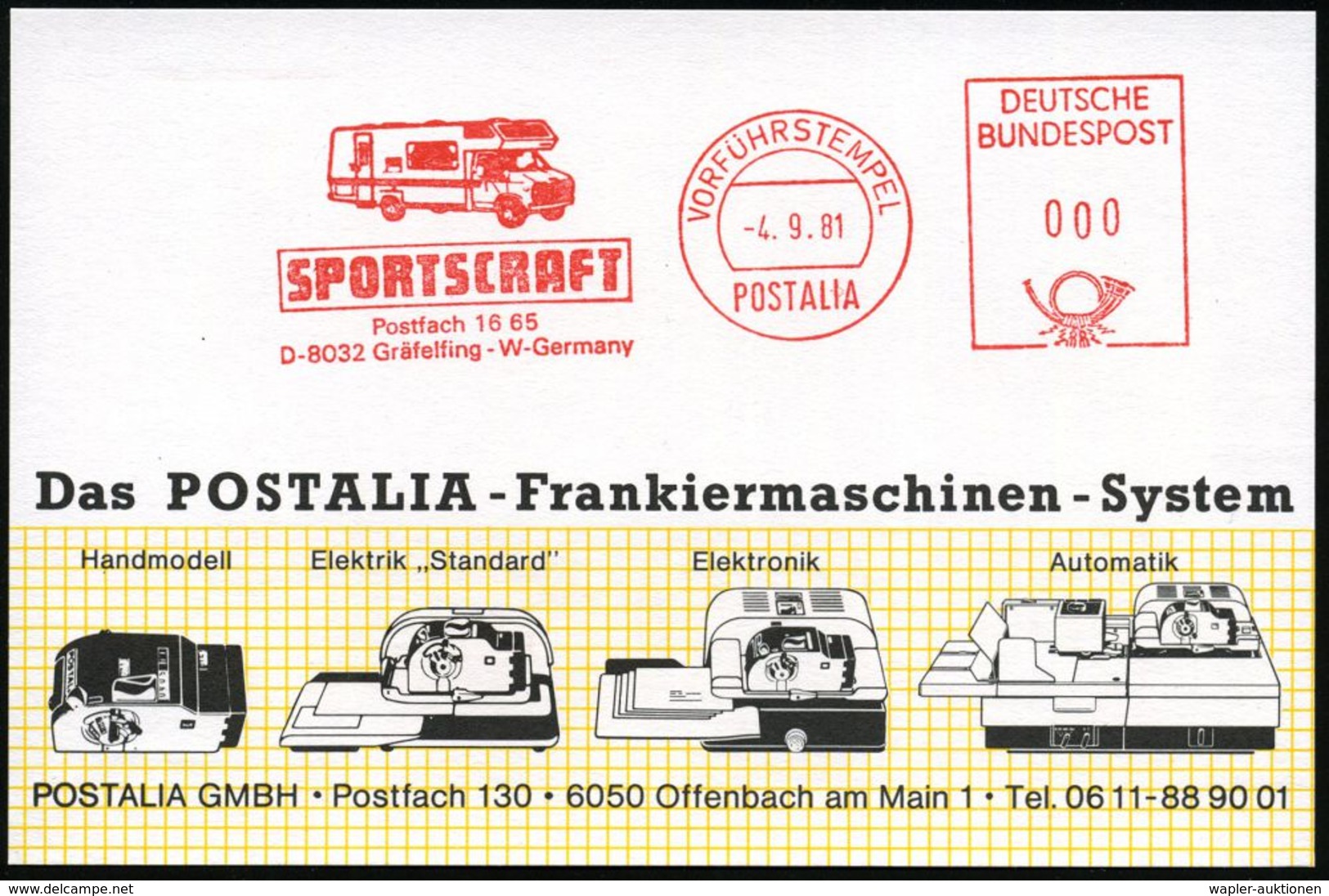 8032 Gräfelfing 1981 (4.9.) AFS: VORFÜHRSTEMPEL/POSTALIA/ SPORTSCRAFT.. = Wohnmobil GM , Seltene Postalia-Musterkarte  - - Autres & Non Classés