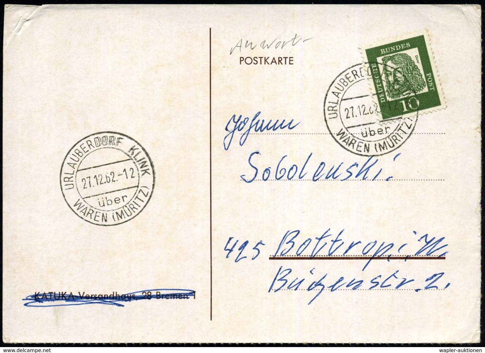 KLINK  U R L A U B E R D O R F/ über/ WAREN (MÜRITZ) 1962 (27.12.) Seltener 2K-Steg = Saison-Hauspostamt Auf EF 10 Pf. D - Autres & Non Classés