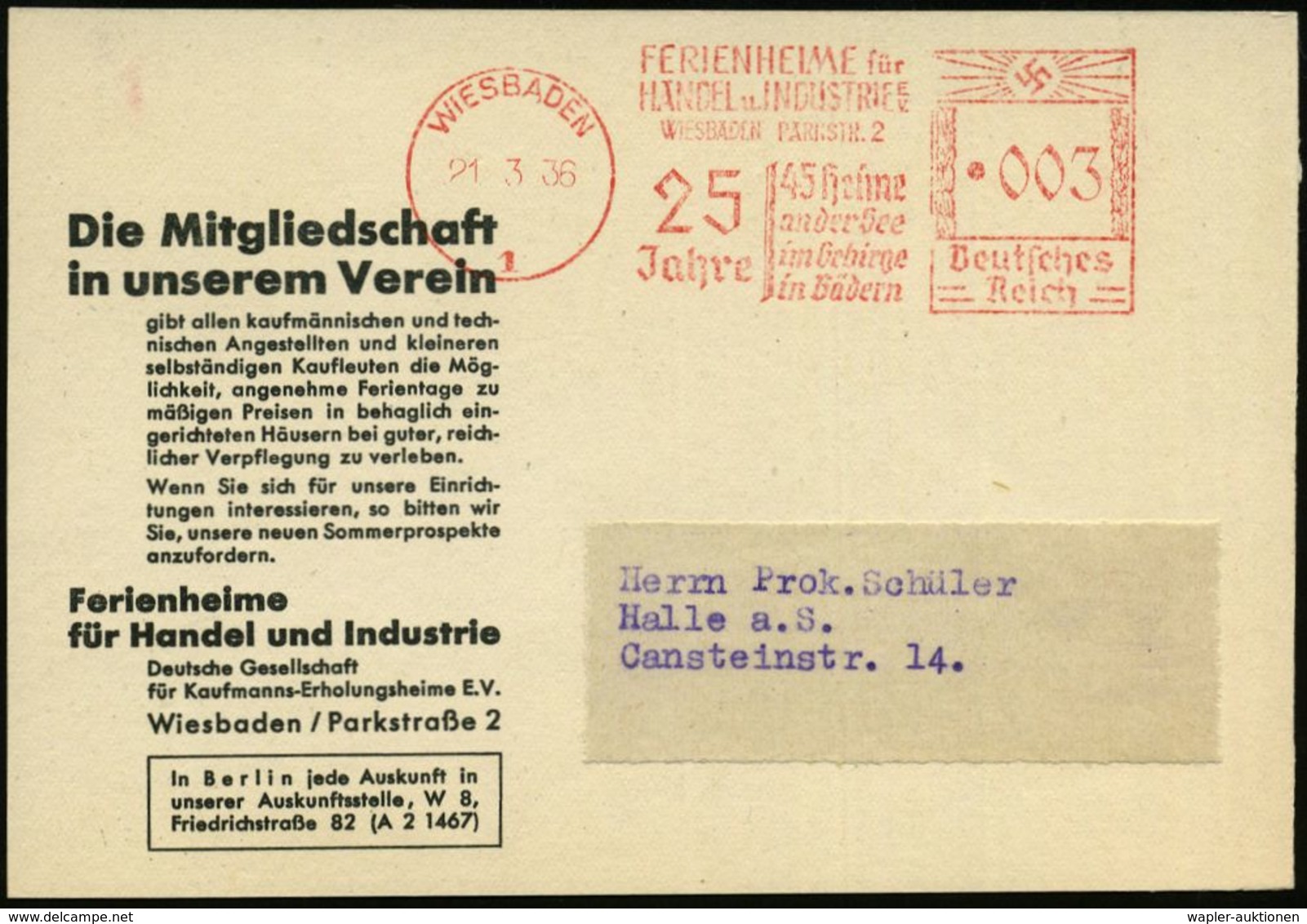 WIESBADEN/ 1/ FERIENHEIME Für/ HANDEL U.INDUSTRIE../ 25 Jahre/ 45 Heime/ An Der See/ Im Gebirge.. 1936 (21.3.) Seltener  - Autres & Non Classés