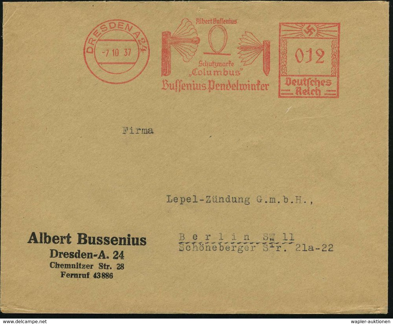 DRESDEN A 24/ Albert Bussenius/ Schutzmarke/ "Columbus"/ Bussenius Pendelwinker 1937 (7.10.) Dekorativer AFS = 2 Pendel- - Accidents & Sécurité Routière