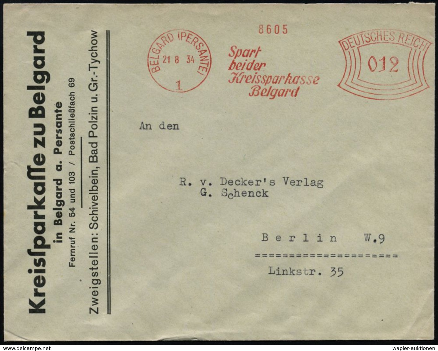 BELGARD (PERSANTE)/ 1/ Spart/ Bei Der/ Kreissparkasse/ Belgard 1934 (21.8.) Seltener AFS Klar Auf Firmenbrief (Dü.E-1CEh - Non Classés