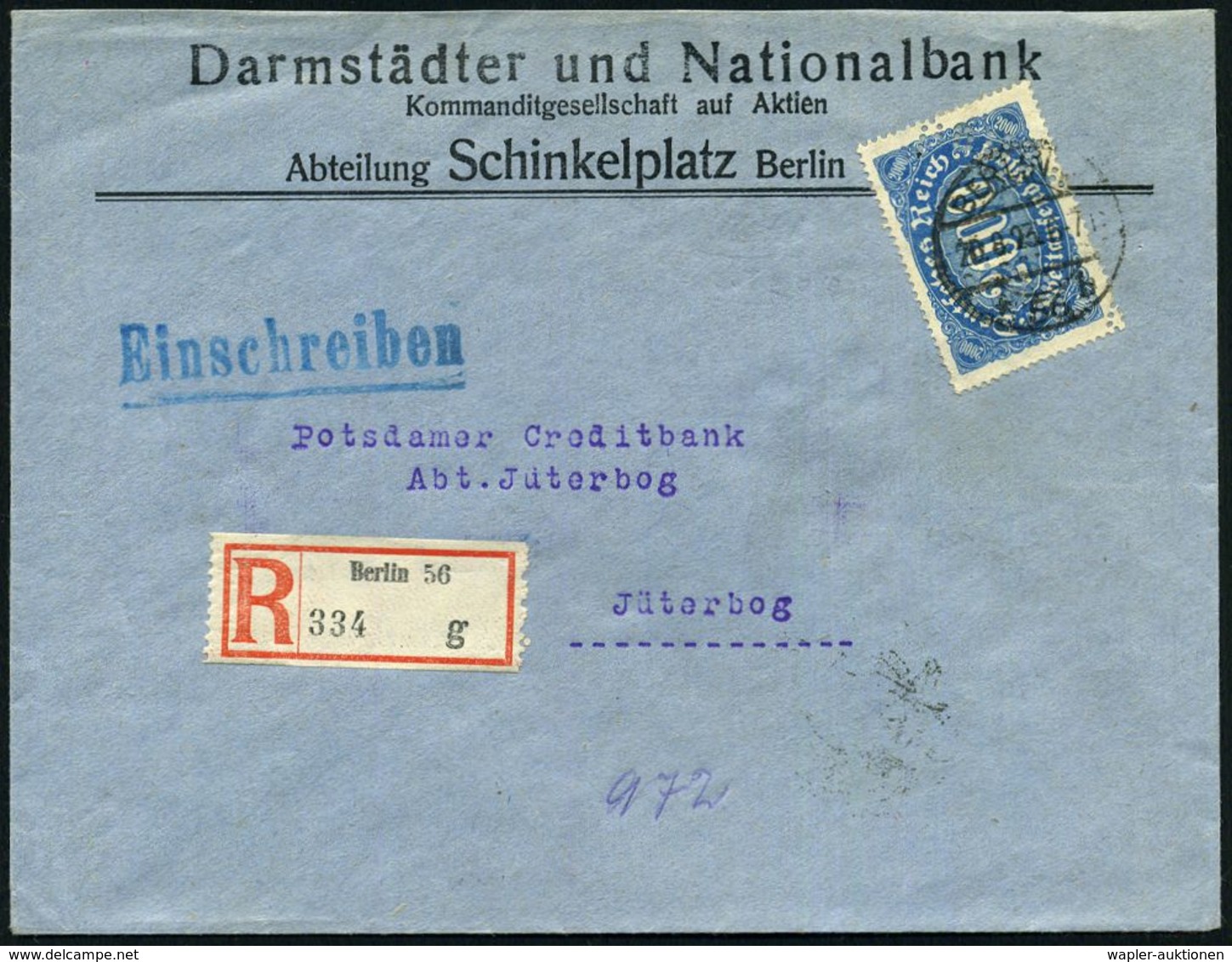 BERLIN W/ *56b 1923 (20.8.) 1K-Steg Auf EF 2000 Mk. Ziffer, Blau Mit Firmenlochung "B F H U J" = B Ank Für Handel U. Jnd - Non Classés