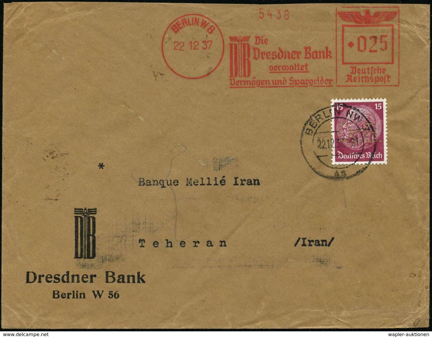 BERLIN W8/ DB/ Die/ Dresdner Bank/ Verwaltet/ Vermögen.. 1937 (22.12.) AFS 025 Pf. + 15 Pf.Hindenbg., Firmenlo-chung: "D - Non Classés