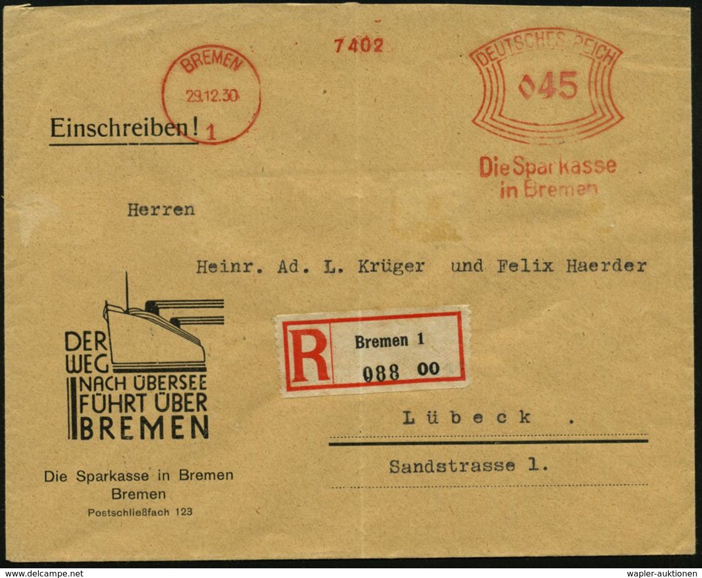 BREMEN/ 1/ Die Sparkasse/ In Bremen 1930 (29.12.) AFS 045 Pf. + Selbstbucher-RZ: Bremen 1/o O , Dekorat.-Reklame-Bf.: DE - Non Classés