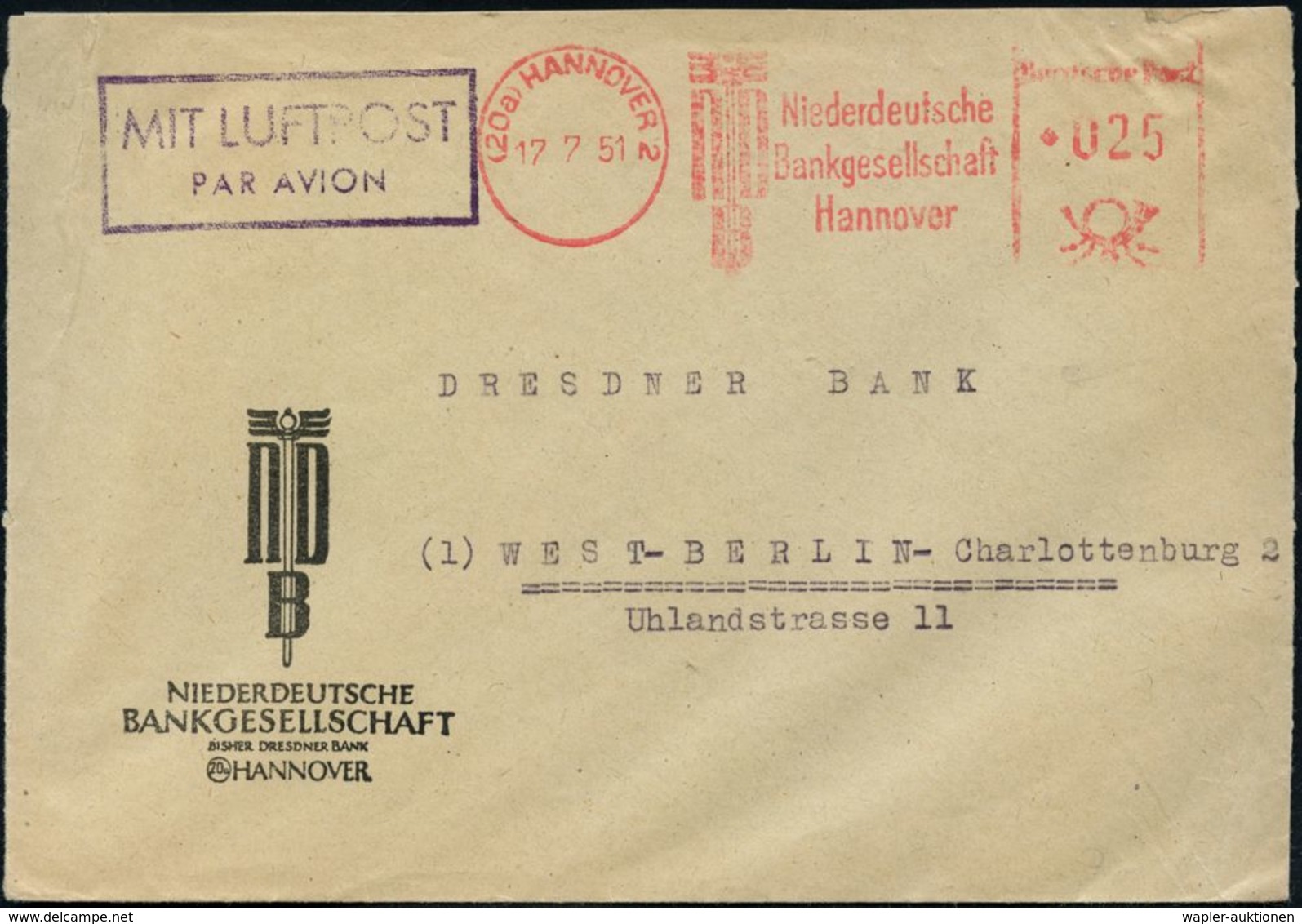 (20) HANNOVER 2/ NDB/ Niederdeutsche/ Bankgesellschaft 1951 (17.7.) AFS 025 Pf. (Wertrahmen Kriegsbedingt Etw. Abgenutzt - Non Classés