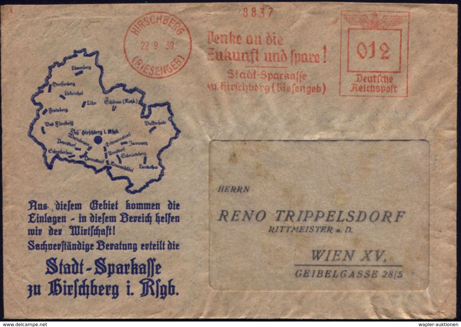 HIRSCHBERG/ (RIESENGEB)/ Denke An D./ Zukunft U.spare!/ Stadt-Sparkasse 1939 (22.9.) AFS A. Sparkassen-Reklame-Bf. (Fili - Non Classés