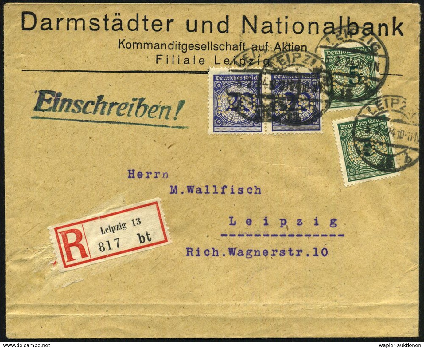 LEIPZIG/ *13b 1924 (5.2.) 1K-Steg Auf 2x 5 Pf. U. 2x 20 Pf. Korbdeckel, Je Firmenlochung: "D N" = D Armstädter U. Nation - Non Classés