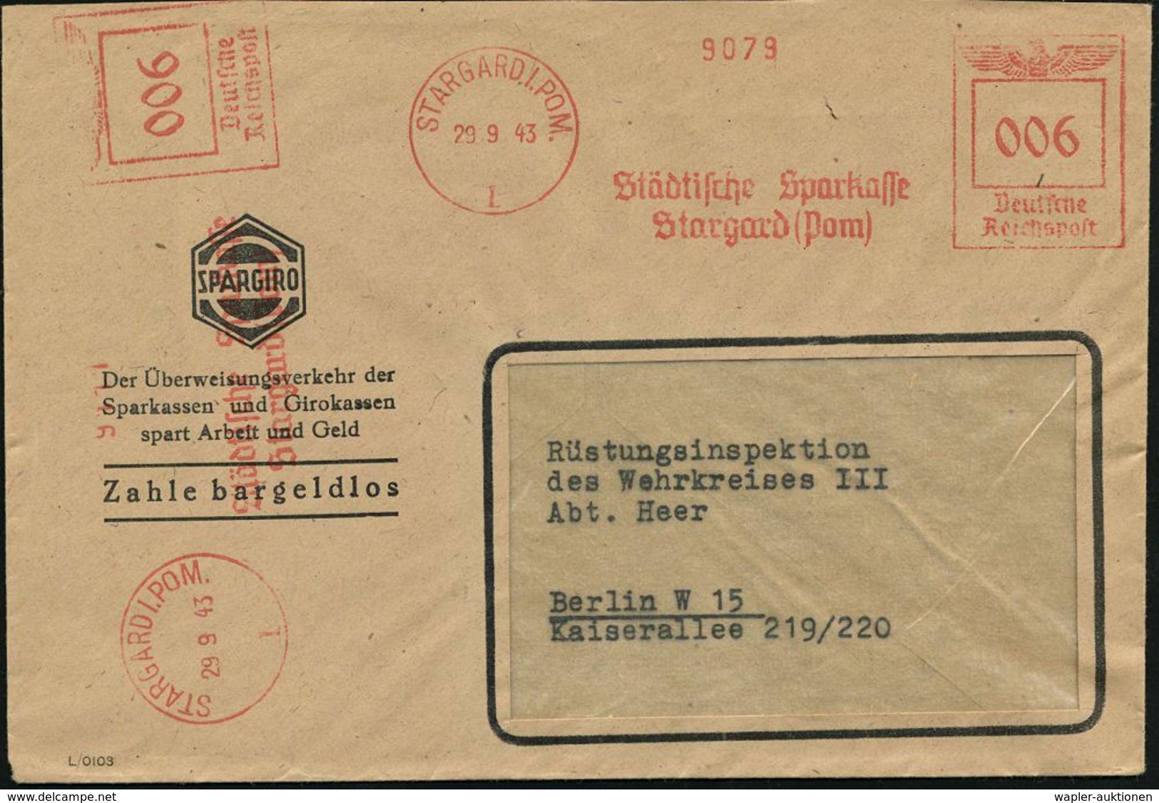 STARGARD I.POM./ 1/ Städtische Sparkasse 1943 (29.9.) AFS 006 Pf. + 006 Pf. = 2 Abdrucke , Reklame-Bf.: SPARGIRO..Zahle  - Non Classés