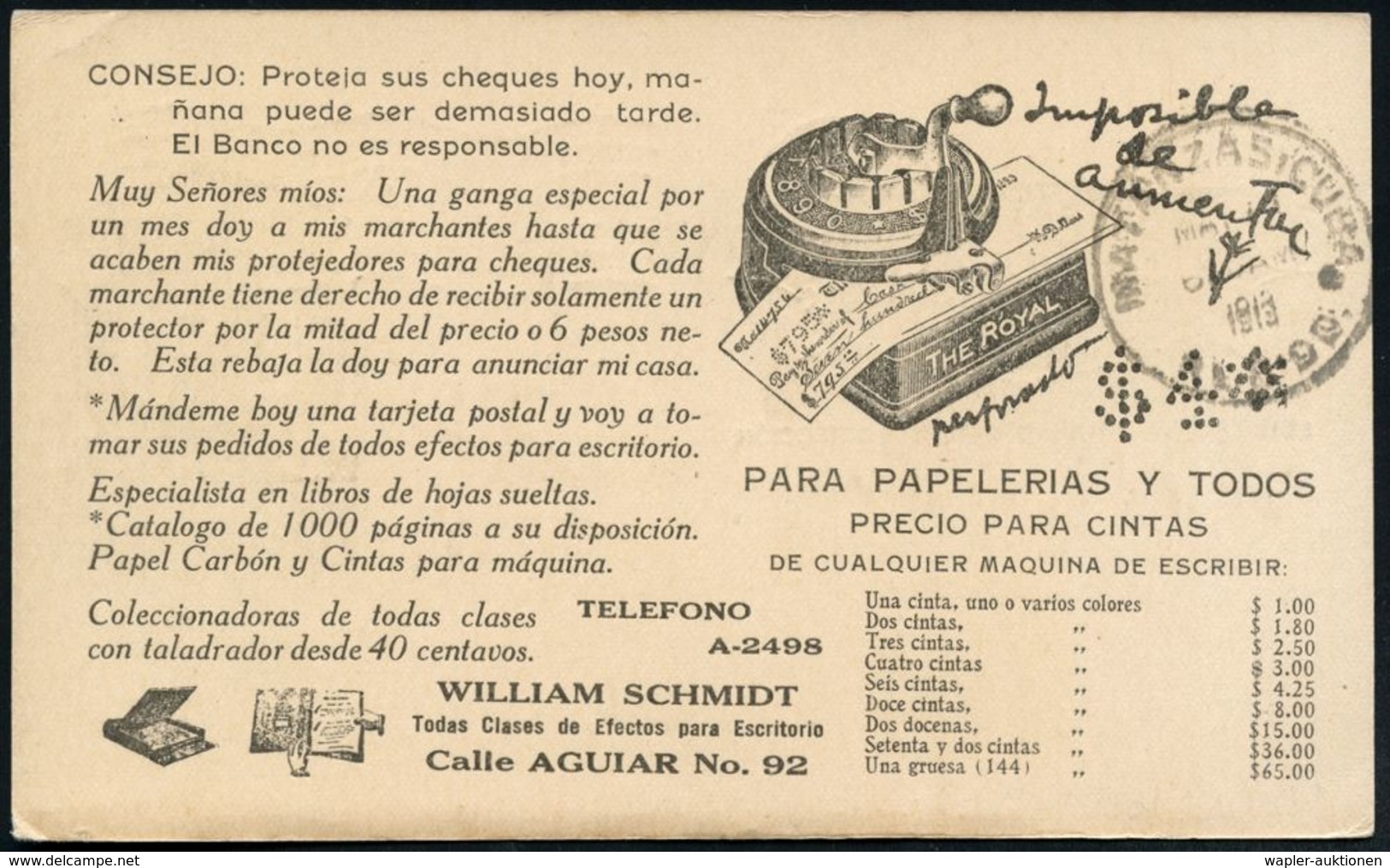 CUBA 1913 (10.5.) Reklame-PP 1 C. Schwarz: "THE ROYAL".. MAQUINA DE ESCRIBAR, Fa. William Schmidt, Havanna = Perfin-Masc - Non Classificati