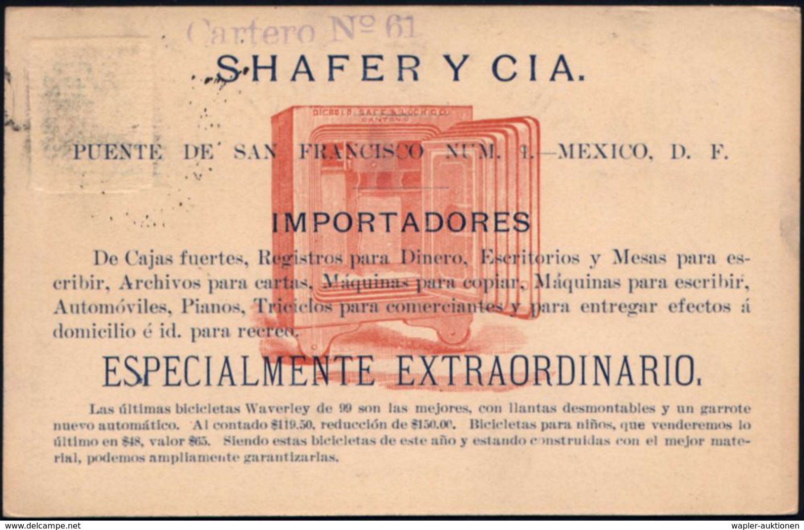 MEXICO 1899 (13.6.) Reklame-PP 1 C. Briefbote Im Kaktuswald, Grün: SHAFER Y CIA...Cajas Fuerte (= Geöffneter Safe ,Marke - Ohne Zuordnung