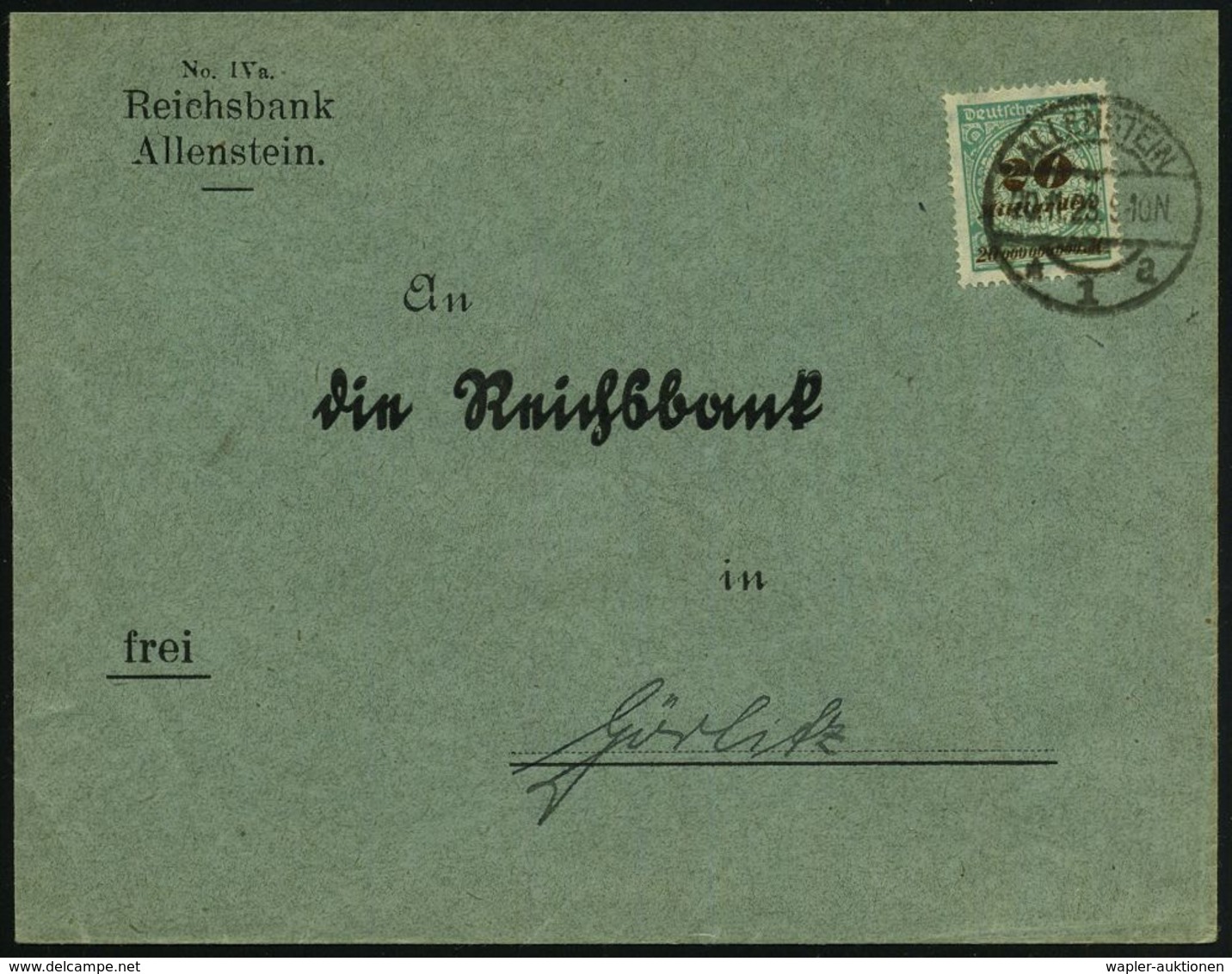 ALLENSTEIN/ *1a 1923 (20.11.) 1K-Steg Auf EF 20 Mia. , Klar Gest. Dienst-Fern-Bf.: Reichsbank Allenstein, 1.Tag Neuer Ta - Non Classés