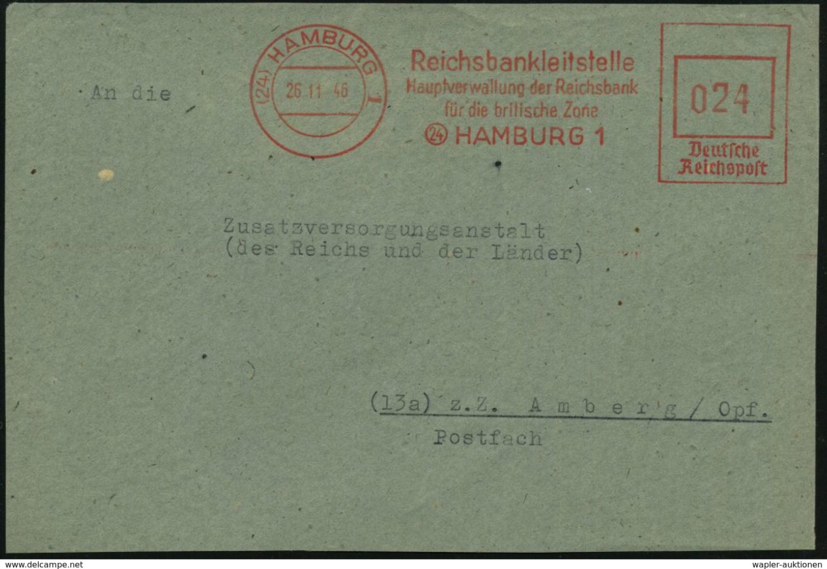(24) HAMBURG 1/ Reichsbankleitstelle/ Hauptverwaltung Der Reichsbank/ Für Die Britische Zone 1946 (26.11.) Seltener, Apt - Non Classés