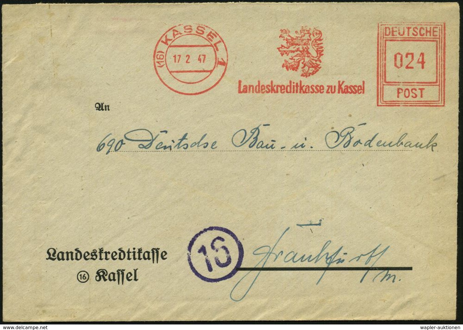 (16) KASSEL 1/ Landeskreditanstalt Zu Kassel 1947 (17.2.) Seltener AFS-Typ "Hochrechteck" (hess. Wappenlöwe) Inl.-Dienst - Ohne Zuordnung