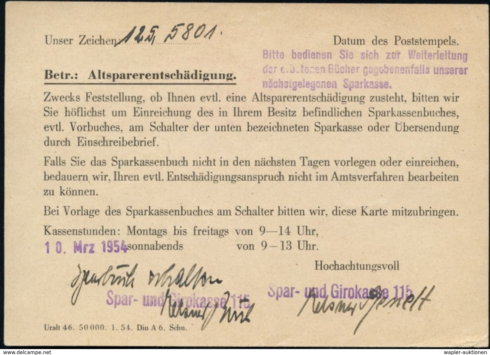 (1) BERLIN-WILMERSDORF 1/ WOHNUNGSBAU-/ Prämien/ ..ÖFFENTL.BAUSPARKASSE BERLIN.. 1954 (8.3.) AFS 004 Pf. = 100,- DM-Bank - Non Classés