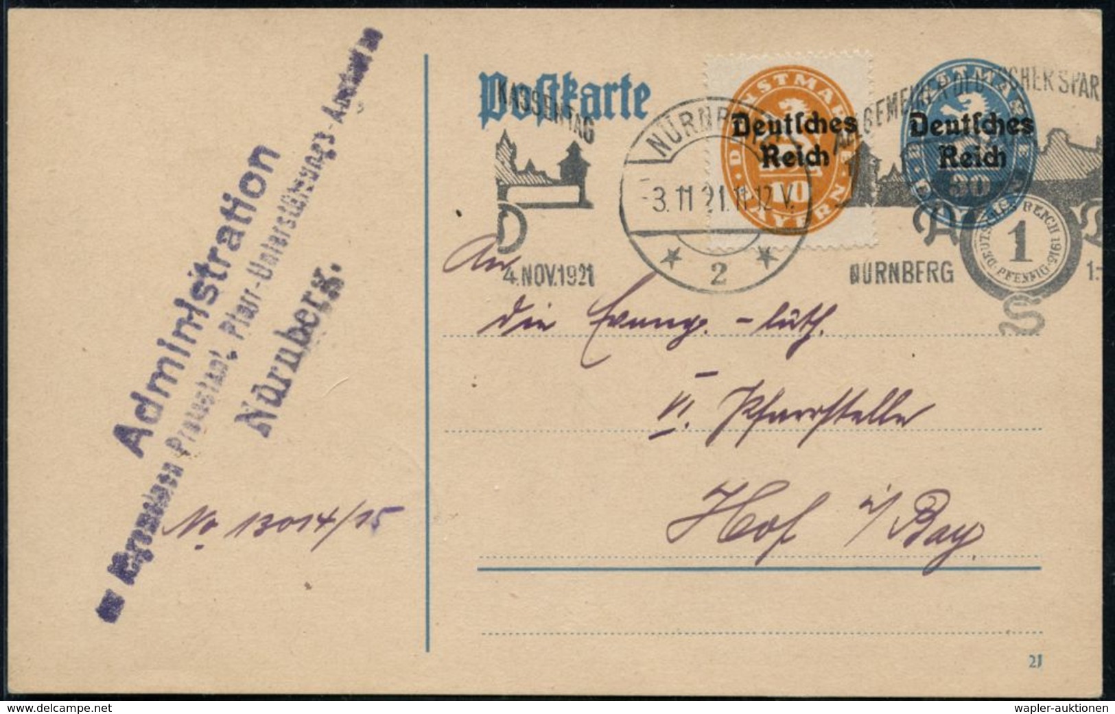 NÜRNBERG/ *2*/ ALLG.DEUTSCHER SPARKASSENTAG/ ADS 1921 (2.11.) Seltener BdMWSt = 1 RPf. (+ Nürnberger Burg-Silhouette) Kl - Non Classés