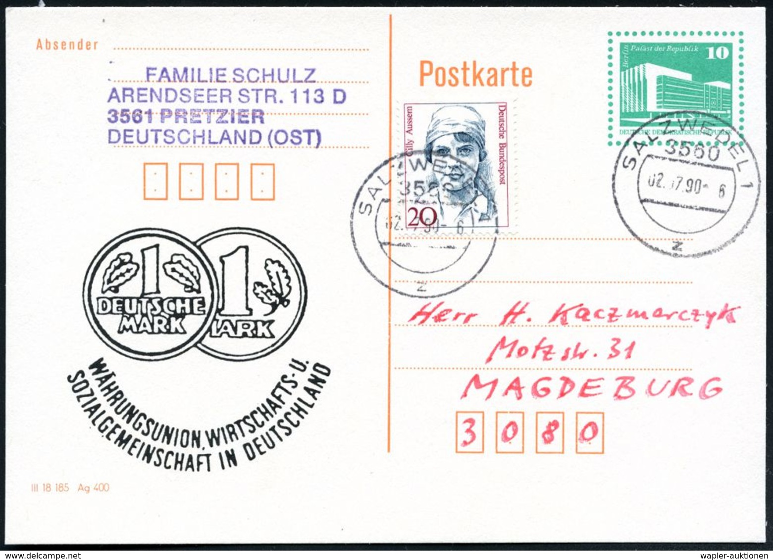 3560 SALZWEDEL 1/ I 1990 (2.7.) 1K Auf Amtl. P 10 Pf. PdR, Grün + Zudruck: WÄHRUNGSUNION.. (1.-DM West, 1 Mk.Ost) + MiF  - Non Classés