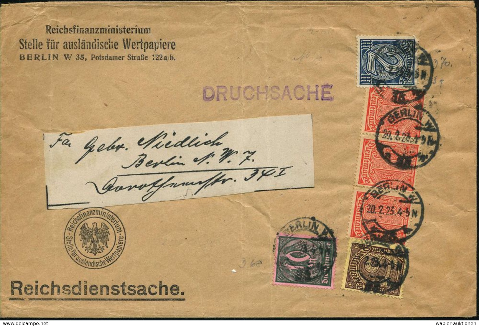 BERLIN W/ *35w 1923 (20.2.) 1K-Brücke Auf Dienst-Buntfrankatur 20 Mk. (1x Kl. Eckf.) 5x Gest. Vordr-Bf. (2x Schwache Fal - Ohne Zuordnung