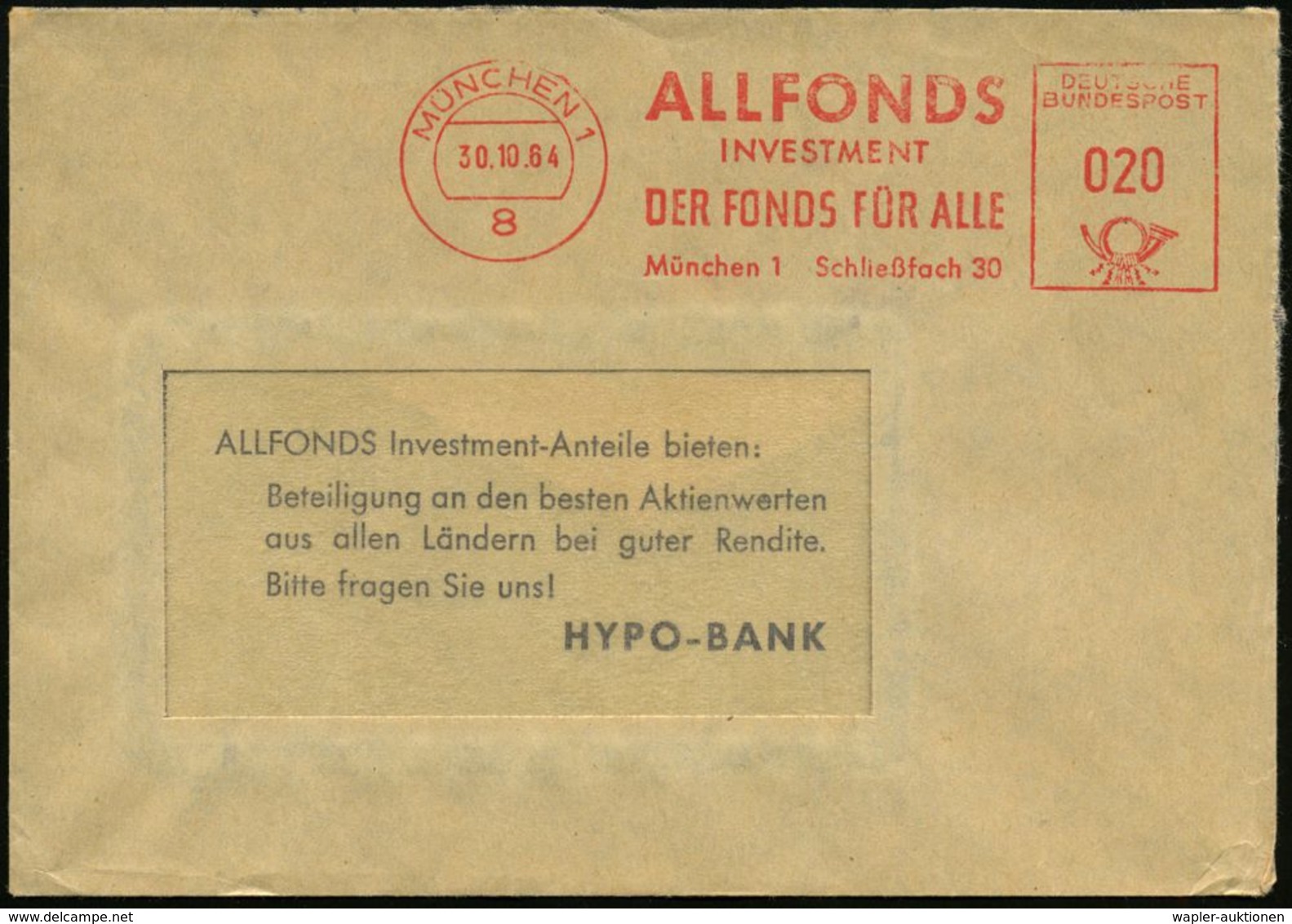 8 MÜNCHEN 1/ ALLFONDS/ INVESTMENT/ DER FONDS FÜR ALLE.. 1964 (30.10.) AFS Auf Reklame-Bf.: HYPO-BANK - Preussen / Prussi - Sin Clasificación