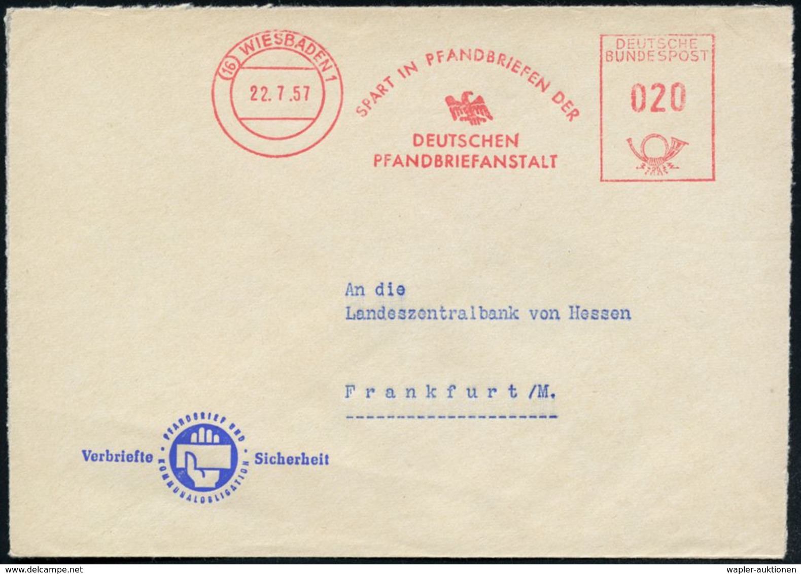 (16) WIESBADEN 1/ SPART IN PFANDBRIEFEN DER/ DT./ PFANDBRIEFANSTALT 1957 (22.7.) AFS (alter Preuß.Adler) äReklamebrief:  - Ohne Zuordnung