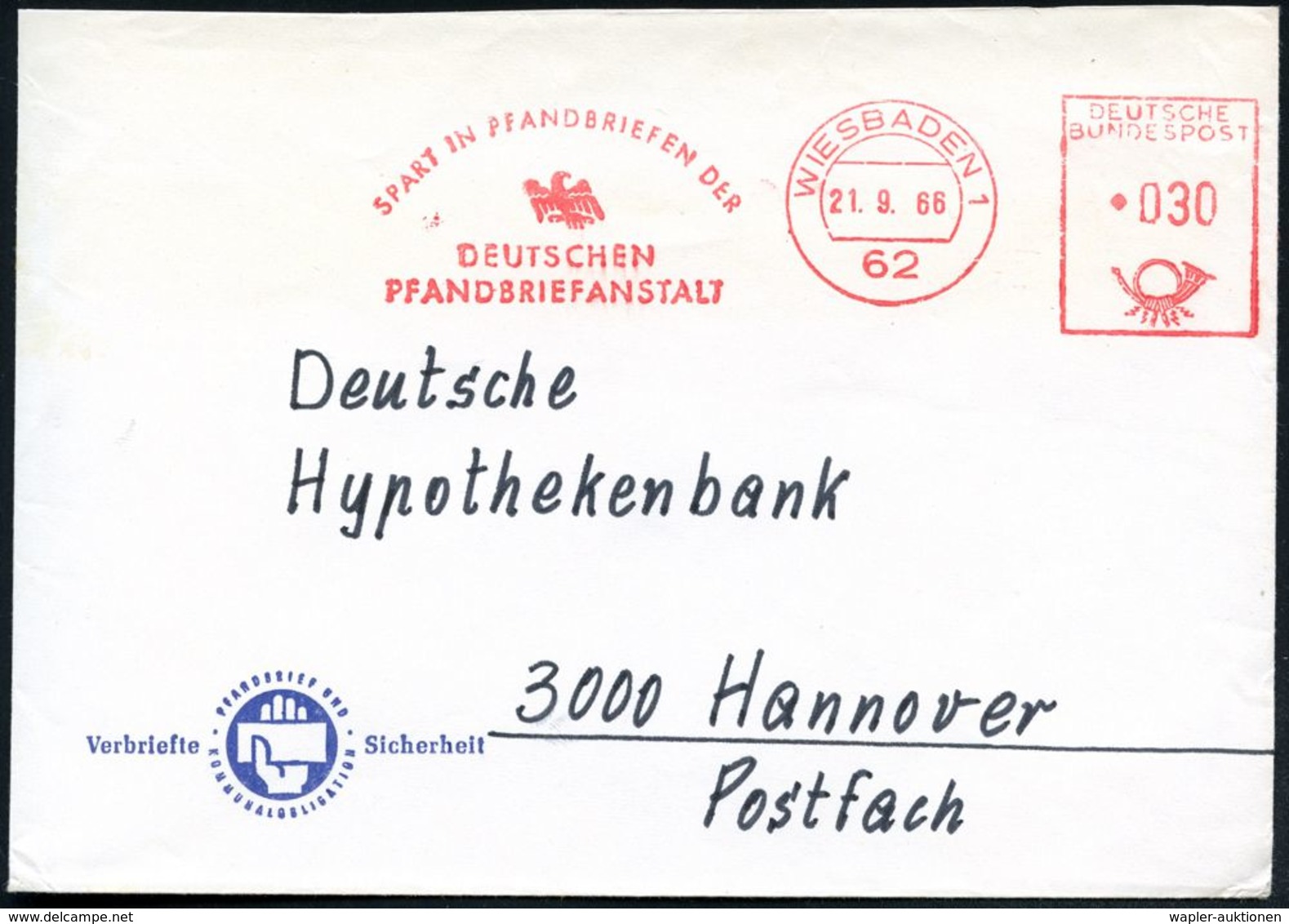 62 WIESBADEN 1/ PFANDBRIEFE/ HYPOTHEKEN/ HAUSBESITZBRIEFE/ DT./ PFANDBRIEFANSTALT 1968 (21.9.) AFS (alter Preuss. Adler) - Non Classificati