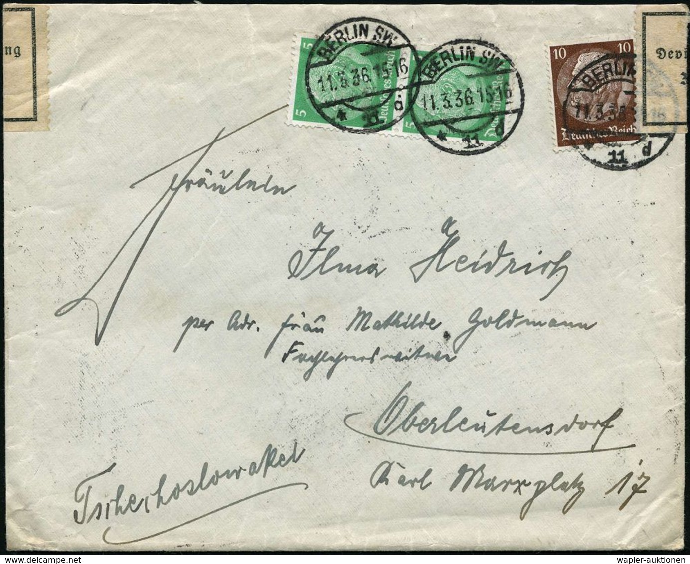 BERLIN SW/ *11d 1936 (11.3.) 1K-Brücke Auf Satzreiner Frankatur Hindenbg. 20 Pf. + Rs. Devisenzensur-Zettel + RoWellenSt - Non Classés