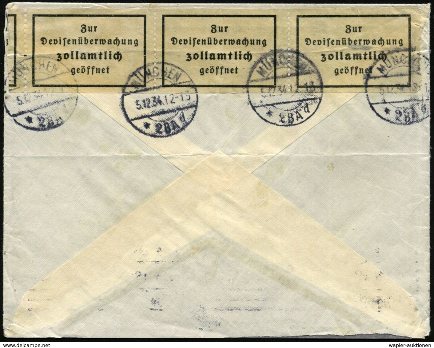 MÜNCHEN/ *2 BA D 1934 (5.12.) 1K-Steg Rs. Auf Devisen-Zensurzettel (mehrfach) Hindenbg. 15 Pf. U. 25 Pf. (BdMaSt.: MÜNCH - Non Classés