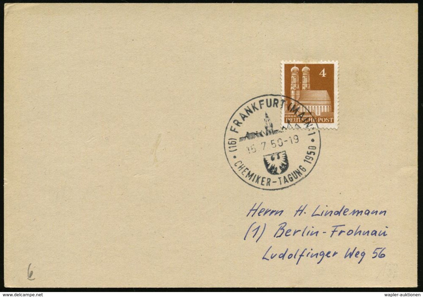 (16) FRANKFURT (MAIN)1/ CHEMIKER-TAGUNG 1950 (15.7.) SSt (Ortssilhouette, Stadtwappen) Inl.-Karte (Bo.137) - Napoleon - Chimie