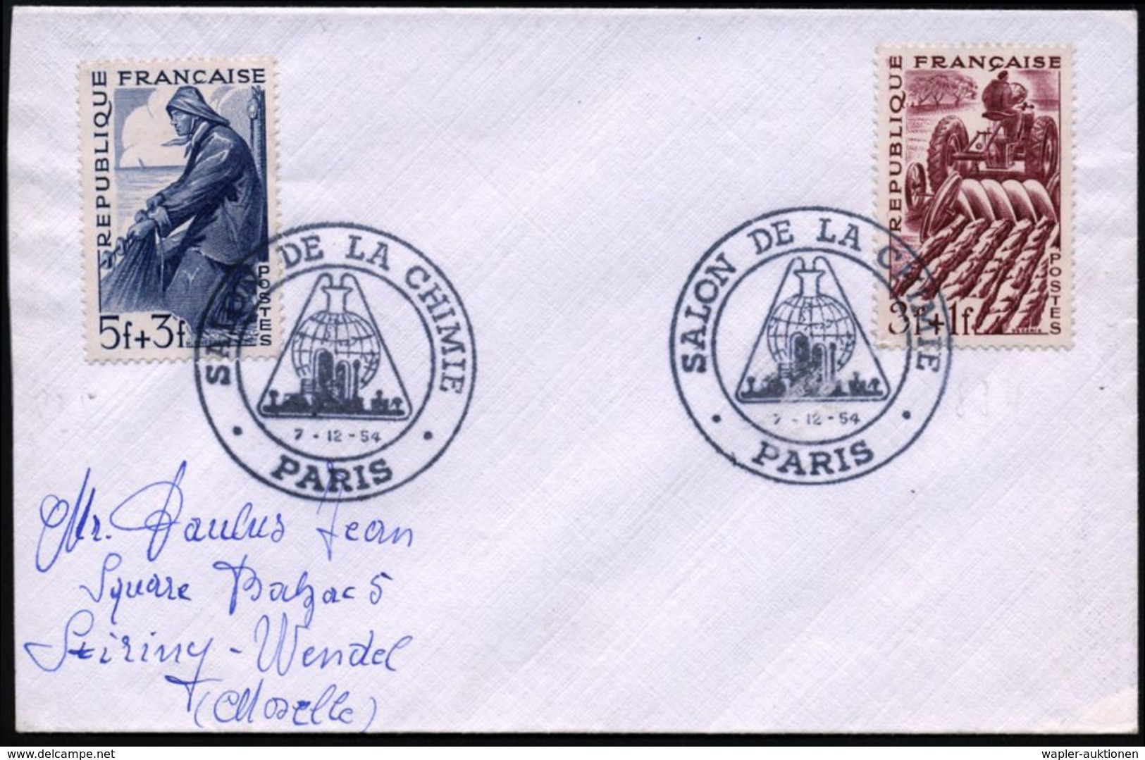 FRANKREICH 1954 (7.12.) SSt: PARIS/SALON DE LA CHIMIE = Glaskolben, Chemiewerk (vor Globus) 2x Klar Auf Inl.-Brief - Nap - Chimie