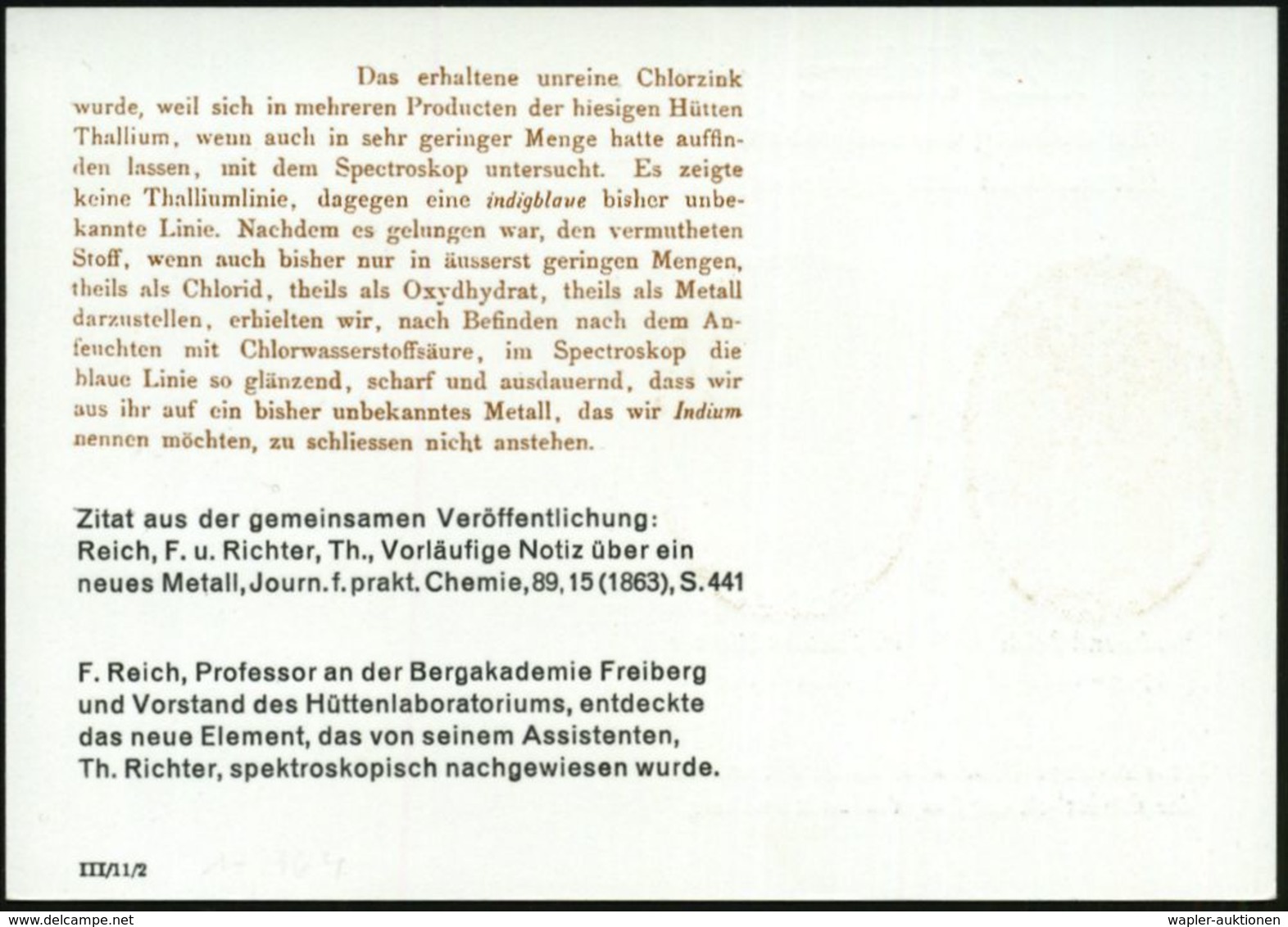 Freiberg 1986 (Okt.) PP 10 Pf. PdR., Grün: Vor 100 Jahren Entdeckung Des Chem. Elements Indium.. Mit Portraits Ferd. Rei - Chimie
