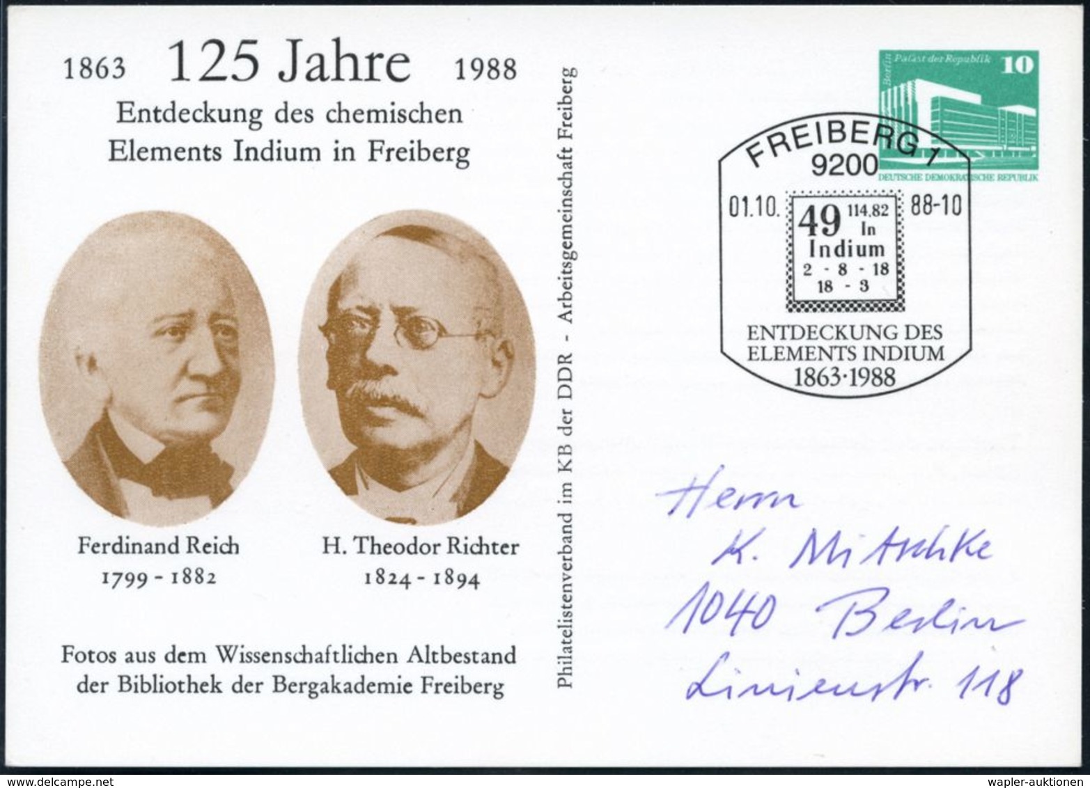 9200 FREIBERG 1/ ENTDECKUNG DES/ ELEMENTS INDIUM/ 1863 1988 (1.10.) Maschinen-SSt = Indium-Formel Auf PP 10 Pf. PdR, Grü - Chimica